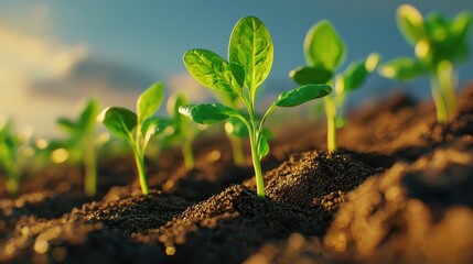 Poster - Close up View of Young Green Plant Seedlings Growing in Fertile Soil
