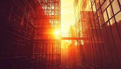 Poster - Urban Construction at Sunset: Steel Structures and Modern Buildings Rise, Illuminating Cityscape with Golden Hues