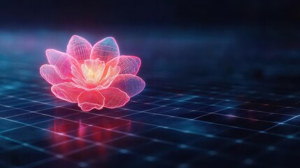 Aufkleber - Digital Hologram of Glowing Pink Lotus Flower on Blue Grid Background