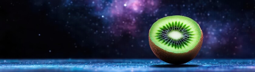Poster - Dramatic Half Kiwi Fruit on a Glittering Surface with a Nebula Galaxy Background