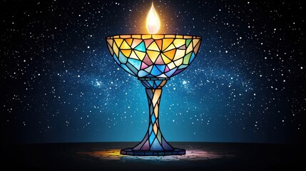 Poster - Glowing Celestial Chalice Illuminating the Cosmos   Surreal Spiritual Ritual Candle in Glowing Stained Glass Mosaic