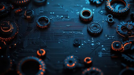 Aufkleber - Gears and Circuit Board in Blue and Orange Technical Design Background