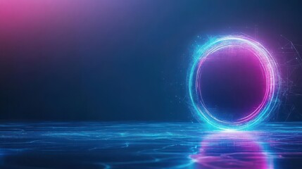 Poster - Glowing Neon Circle on Reflective Surface Abstract Futuristic Technology Background