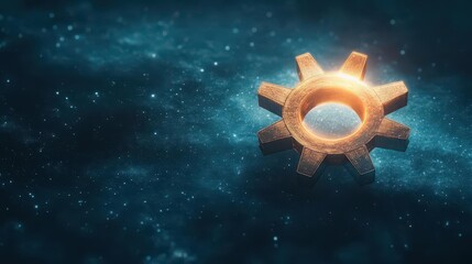 Aufkleber - Golden Gear Against a Dark Blue Nebulae Background with Sparkling Stars
