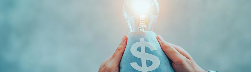 Poster - Hands Gently Holding A Lightbulb Encased with Dollar Sign And Reflects Financial Innovation