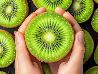 Poster - Hands Holding a Sliced Kiwi Fruit with Black Seeds and Green Pulp on Dark Backdrop