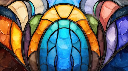 Poster - Vibrant Stained Glass Architectural Design with Geometric Shapes and Patterns