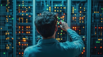 Poster - IT professional securing a server, data center with glowing racks