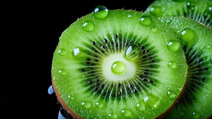 Poster - Macro Close Up of Sliced Kiwi Fruit with Water Droplets on Dark Background