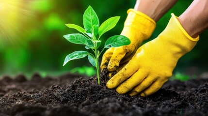 Poster - Gardener s Hands Planting a Young Seedling in Rich Soil for Sustainable Horticulture