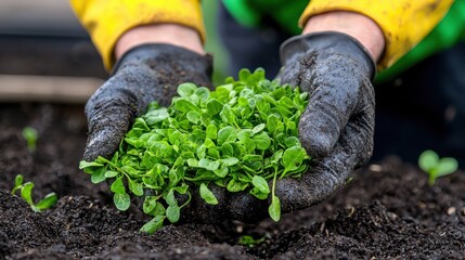 Poster - Hands Tenderly Nurturing a Vibrant Green Seedling in Fertile Soil Promoting Sustainable Gardening and Eco Friendly Growth