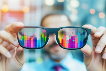 Aufkleber - Man Holding Glasses Reflecting Colorful Stock Market Chart Data Analysis
