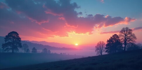 Wall Mural - Evening sky with abstract clouds and silhouetted trees, misty, atmospheric