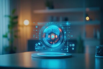 Poster - Personal AI assistant hologram, futuristic home setting, soft lighting
