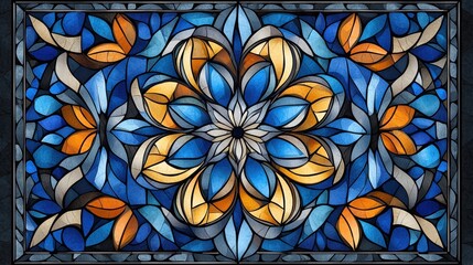 Poster - Breathtaking Stained Glass Pattern with Vibrant Blue and Orange Floral Mandala Motif