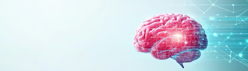 Fototapete - Red Pixelated Brain with Light Streaks Against Light Blue Gradient Background
