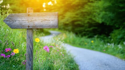 Aufkleber - Rustic Wooden Arrow Sign on Blooming Meadow Beside Winding Road