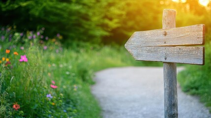 Aufkleber - Rustic Wooden Signpost on Forest Trail Guiding Direction Amidst Greenery and Wildflowers