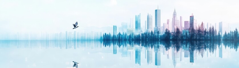 Poster - Sky High View of Cityscape With Blue Water Reflections and Modern Architecture