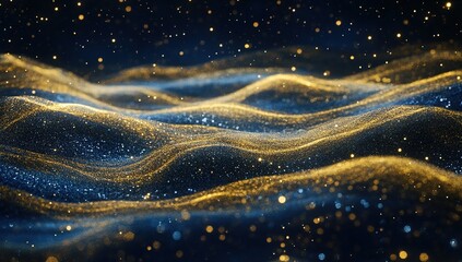 Poster - Golden and Blue Glitter Waves Flow Dynamically Across Dark Background, Shimmering with Sparkling Lights