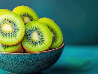 Poster - Vibrant Green Kiwi Slices Displayed in a Teal Ceramic Bowl on Teal Surface