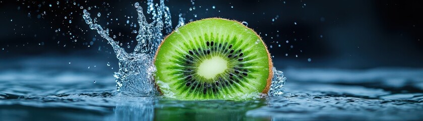 Poster - Vibrant Kiwi Half Splashing into Water Against a Dark Blue Background