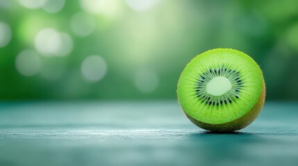 Poster - Vibrant Kiwi Fruit Slice Displayed on Green Surface with Bokeh Background in Studio Light