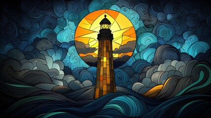 Wall Mural - Dramatic Lighthouse on Stormy Coastline at Sunset with Ethereal Clouds and Waves