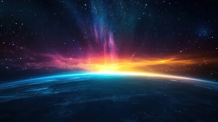 Aufkleber - Vibrant Space Nebula with Earth Horizon and Radiant Star Formations in Deep Blue and Orange
