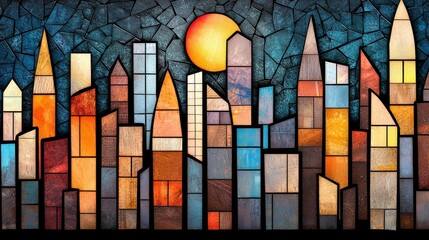 Poster - Vibrant Abstract Cityscape with Geometric Architectural Structures and Colorful Lighting