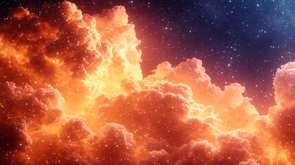 Wall Mural - Fiery orange clouds glow brightly against a deep blue starry night sky.. AI Generated