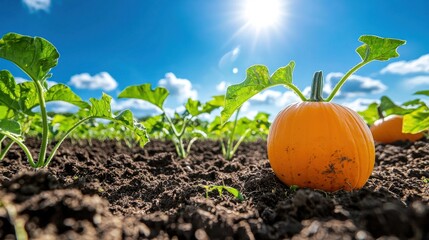 Canvas Print - Freshly Harvested Pumpkin in Autumn Soil against Bright Blue Sky with Fluffy Clouds