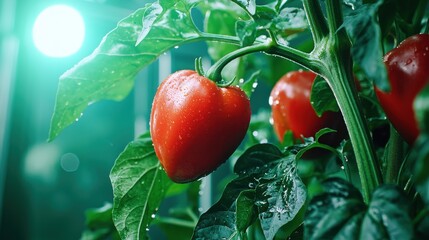 Poster - Close up of juicy red tomatoes growing on the vine in a lush green garden