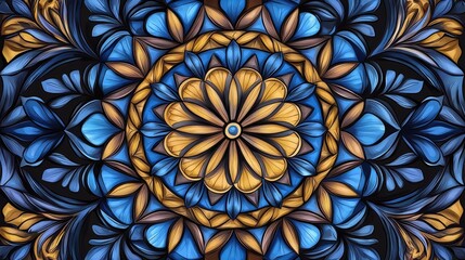 Poster - Captivating Kaleidoscopic Mandala with Vibrant Blue and Gold Hues