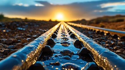 Poster - Stunning Sunset over Railway Tracks in Tranquil Countryside Landscape