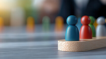 Fototapete - Colorful human figures on wooden base represent teamwork and collaboration in organizational chart. vibrant colors evoke sense of unity and diversity