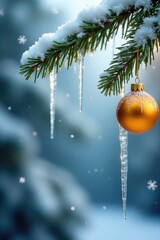 Wall Mural - Icicles hanging from snow-covered fir branches adorned with golden ornaments, frost, ornaments, fir