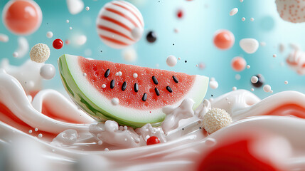 Poster - vibrant watermelon slice surrounded by colorful spheres and creamy textures creates playful and refreshing scene. composition evokes sense of fun and summer joy