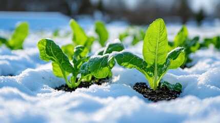 Poster - Fresh Green Seedlings Sprouting Through Snow Covered Ground in Early Morning Dew