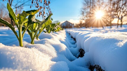 Wall Mural - Snowy Scenic Landscape with Sunlight and Frozen Plants in Winter