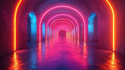 Poster - 3d render of abstract neon background with glowing lines,floor reflection in dark room
