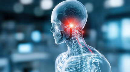 Poster - highly detailed 3D medical illustration of human skull and spine, showcasing nervous system with highlighted areas. This emphasizes complexity of human anatomy