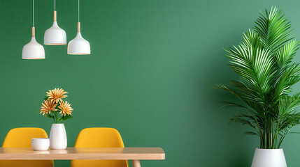 Aufkleber - modern dining room featuring minimalist wooden table, yellow chairs, and decorative plants against green wall. space exudes fresh and inviting atmosphere