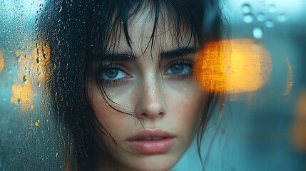 Poster - a depressed woman standing looking out of a window while its raining young woman gazes through rain streaked window reflecting sadness,contemplation