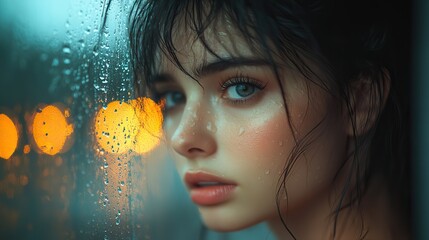 Poster - a depressed woman standing looking out of a window while its raining young woman gazes through rain streaked window reflecting sadness,contemplation