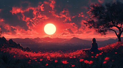 Poster - a girl enjoys the midnight sky,lofi tunes a peaceful illustration
