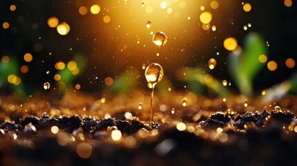 Poster - Glistening Water Droplets on Dark Background with Captivating Bokeh Lighting