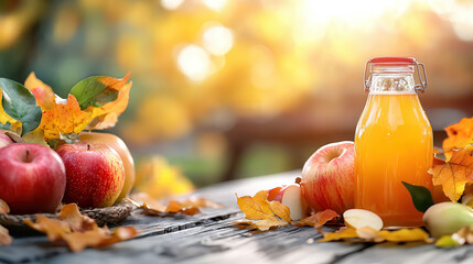 Poster - Fresh apple cider in flip top bottle surrounded by autumn leaves and apples, capturing essence of fall harvest. warm sunlight enhances cozy atmosphere