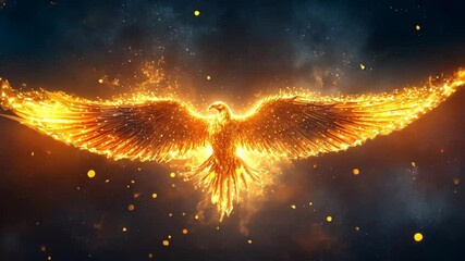 Poster - Majestic phoenix soaring through a starry night sky with glowing feathers in a magical display of fire and light