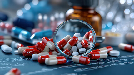 Aufkleber - Pharmaceutical analysis with magnifying glass over colorful capsules, showcasing intricate details of medication in laboratory setting